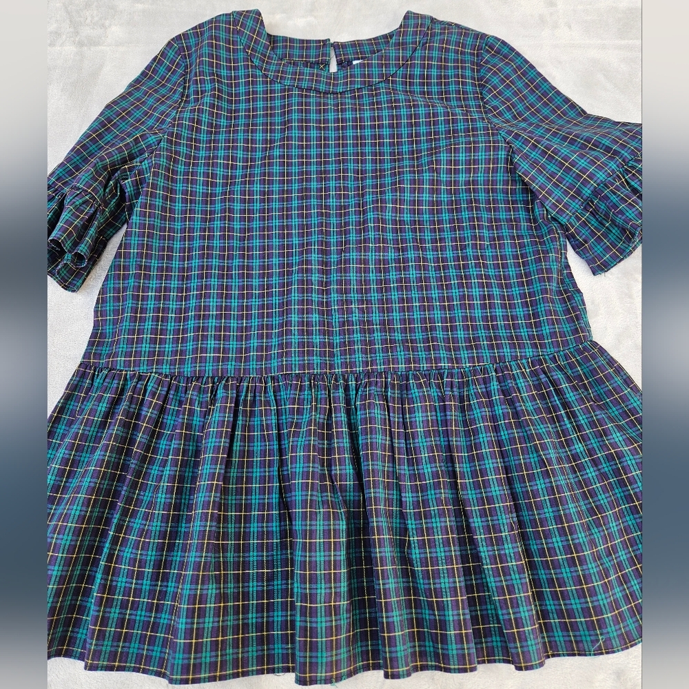 La Roque Original Made In The USA Green Tartan Plaid Ruffle Peplum Top Size L
